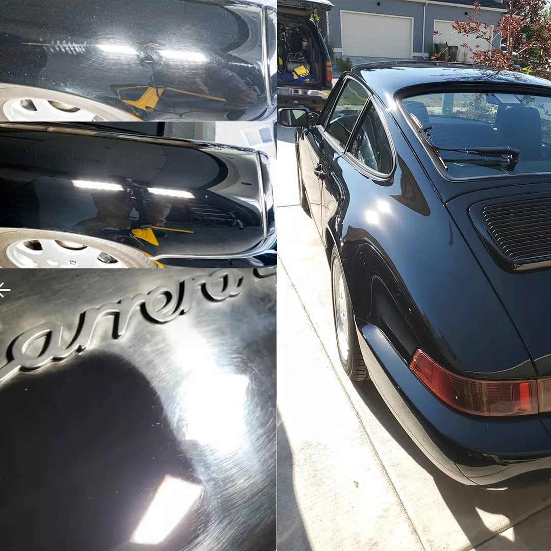 A badly scratched Porsche exterior versus a glossy and smooth one, after a complete polish service - Car Detailing Bozeman