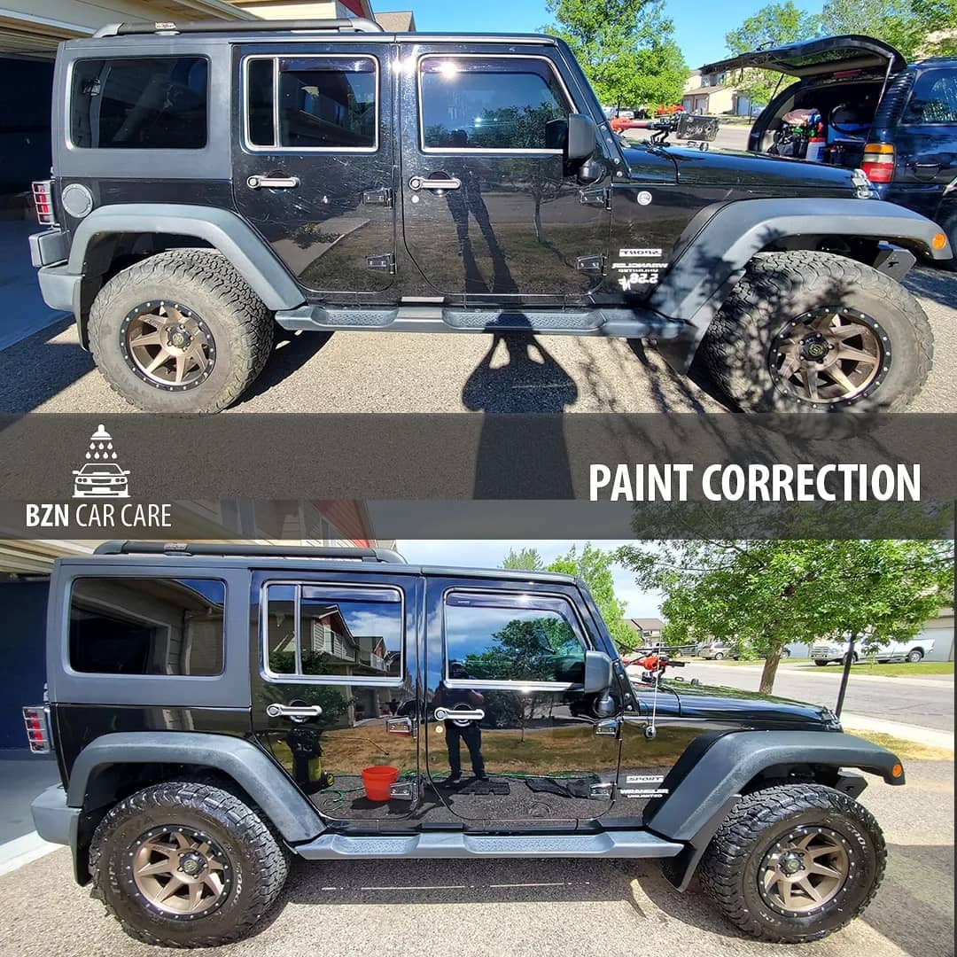 Transformation of a car's exterior from scuffed and scratched to shiny and polished - Car Detailing Bozeman