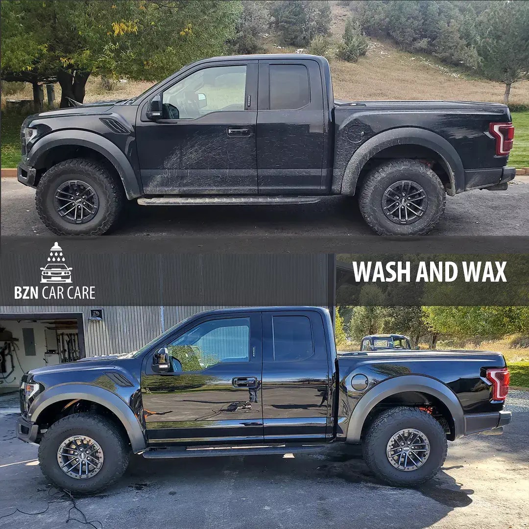 Before-and-after comparison of a car with a dirty and faded exterior versus a clean and polished one  - Car Detailing Bozeman