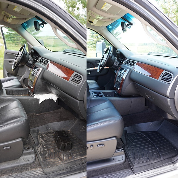 Side-by-side comparison of a car's interior before and after a thorough cleaning and detailing service - Car Detailing Bozeman